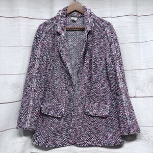 Chico's Size 2 L Blue Pink Tweed Fringe Blazer Jacket Cotton Blend